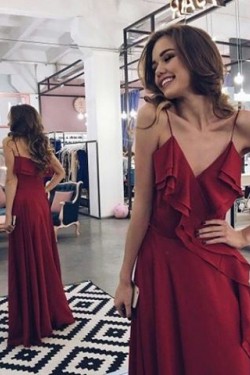 Long Burgundy Spaghetti Straps Prom Formal Evening Party Dresses 3020869