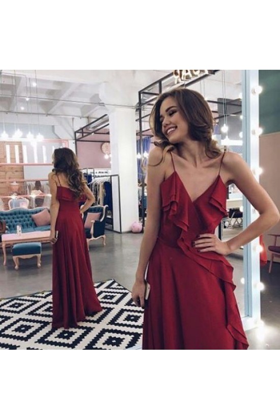 Long Burgundy Spaghetti Straps Prom Formal Evening Party Dresses 3020869