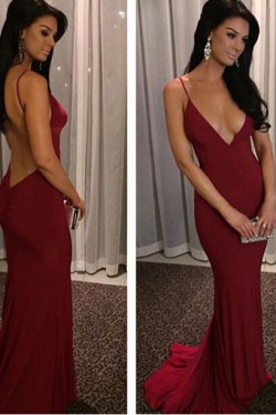 Burgundy Backless Spaghetti Straps Long Prom Formal Evening Party Dresses 3020872