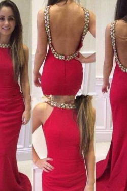 Beaded Long Red Mermaid Backless Prom Formal Evening Party Dresses 3020878