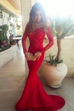 Long Sleeves Lace Mermaid Off-the-Shoulder Long Red Prom Formal Evening Party Dresses 3020880