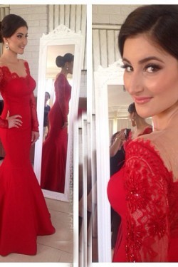 Mermaid Long Red Lace Long Sleeves Prom Formal Evening Party Dresses 3020883