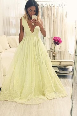 A-Line V-Neck Lace Long Prom Formal Evening Party Dresses 3020886