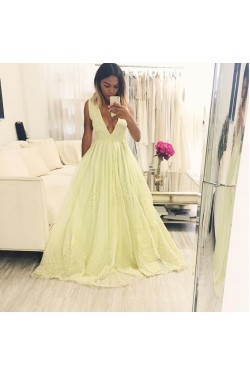 A-Line V-Neck Lace Long Prom Formal Evening Party Dresses 3020886