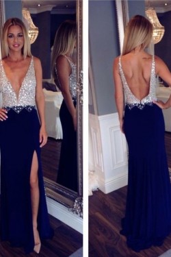 Beaded Long Blue V-Neck Prom Formal Evening Party Dresses 3020888
