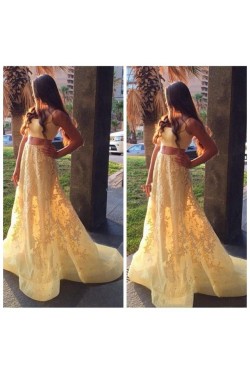Long Yellow Two Pieces Lace Prom Formal Evening Party Dresses 3020889