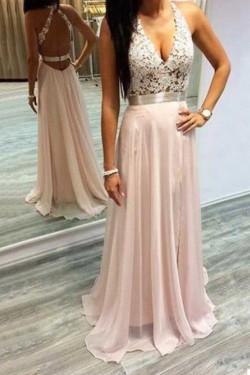 A-Line V-Neck Long Pink Lace Prom Formal Evening Party Dresses 3020893