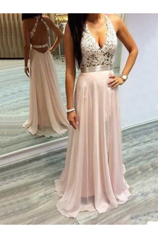 A-Line V-Neck Long Pink Lace Prom Formal Evening Party Dresses 3020893 A-Line V-Neck Long Pink Lace Prom Formal Evening Party Dresses 3020893