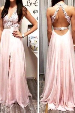 A-Line V-Neck Long Pink Lace Prom Formal Evening Party Dresses 3020893