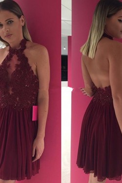 A-Line Halter Lace Chiffon Short Prom Homecoming Cocktail Graduation Dresses 3020896