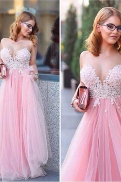 Long Pink Tulle White Lace Appliques Prom Formal Evening Party Dresses 3020904