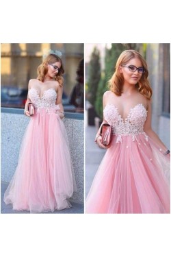Long Pink Tulle White Lace Appliques Prom Formal Evening Party Dresses 3020904