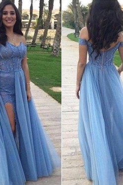 Long Blue Off-the-Shoulder Lace Tulle Prom Formal Evening Party Dresses 3020905