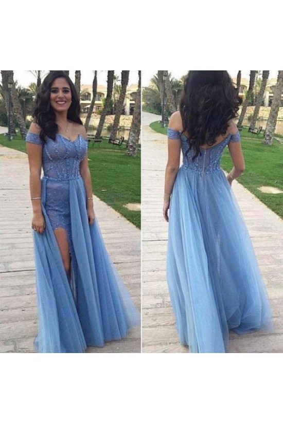 Long Blue Off-the-Shoulder Lace Tulle Prom Formal Evening Party Dresses 3020905 Long Blue Off-the-Shoulder Lace Tulle Prom Formal Evening Party Dresses 3020905