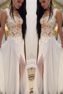Long White Lace and Chiffon Prom Formal Evening Party Dresses 3020906