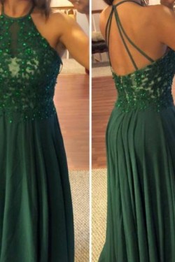 Long Green Lace Appliques and Chiffon Prom Formal Evening Party Dresses 3020907