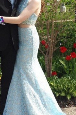 Halter Mermaid Two Pieces Beaded Lace Prom Formal Evening Party Dresses 3020914