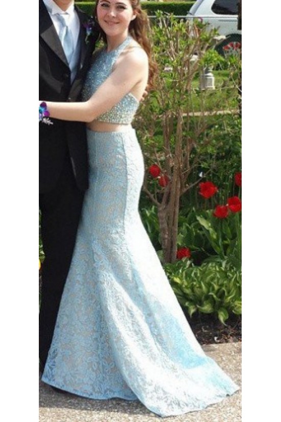 Halter Mermaid Two Pieces Beaded Lace Prom Formal Evening Party Dresses 3020914