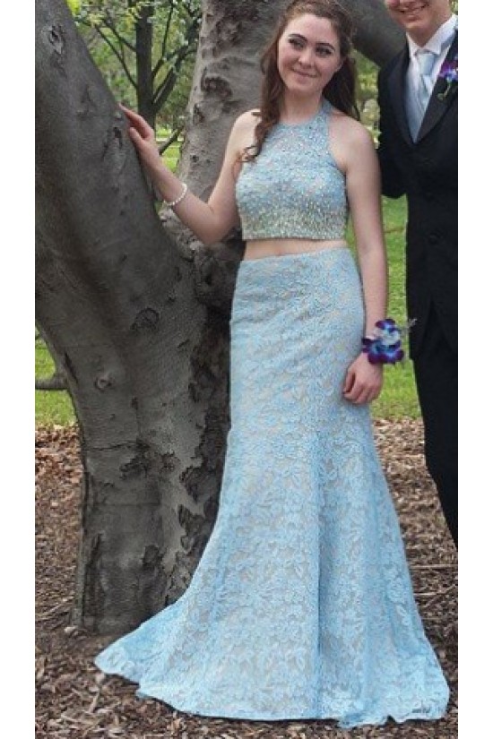 Halter Mermaid Two Pieces Beaded Lace Prom Formal Evening Party Dresses 3020914