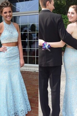 Halter Mermaid Two Pieces Beaded Lace Prom Formal Evening Party Dresses 3020914