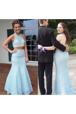 Halter Mermaid Two Pieces Beaded Lace Prom Formal Evening Party Dresses 3020914