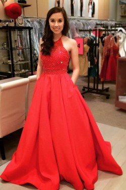 Long Red Beaded Prom Formal Evening Party Dresses 3020922