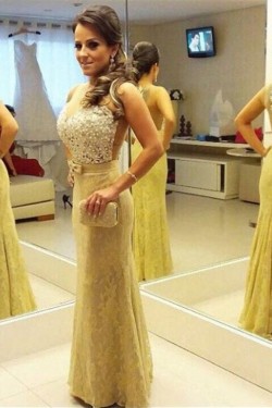 Beaded Long Yellow Lace Mermaid Prom Formal Evening Party Dresses 3020924