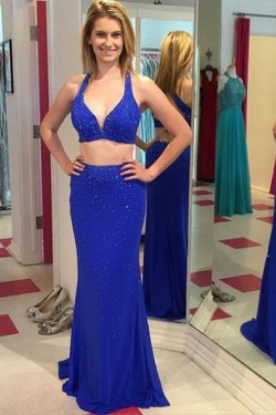 Beaded Long Blue Two Pieces Prom Formal Evening Party Dresses 3020927