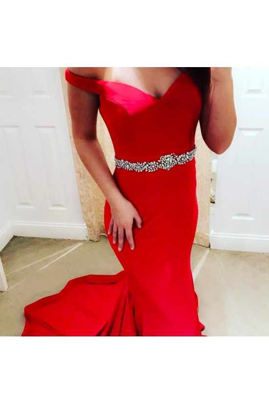 Mermaid Off-the-Shoulder Beaded Long Red Prom Formal Evening Party Dresses 3020928
