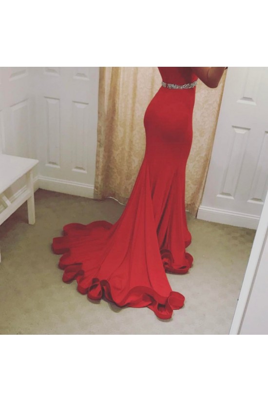 Mermaid Off-the-Shoulder Beaded Long Red Prom Formal Evening Party Dresses 3020928