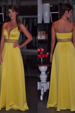 Long Yellow Spaghetti Straps Prom Formal Evening Party Dresses 3020930