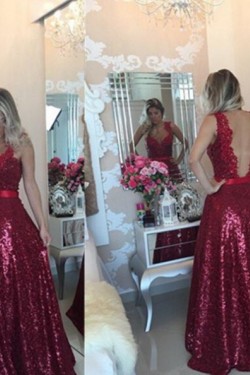 A-Line V-Neck Sequins Long Prom Formal Evening Party Dresses 3020937