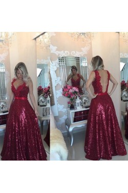 A-Line V-Neck Sequins Long Prom Formal Evening Party Dresses 3020937