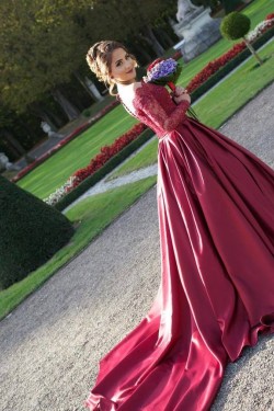 Ball Gown Long Red Long Sleeves Lace Off-the-Shoulder Prom Formal Evening Party Dresses 3020956