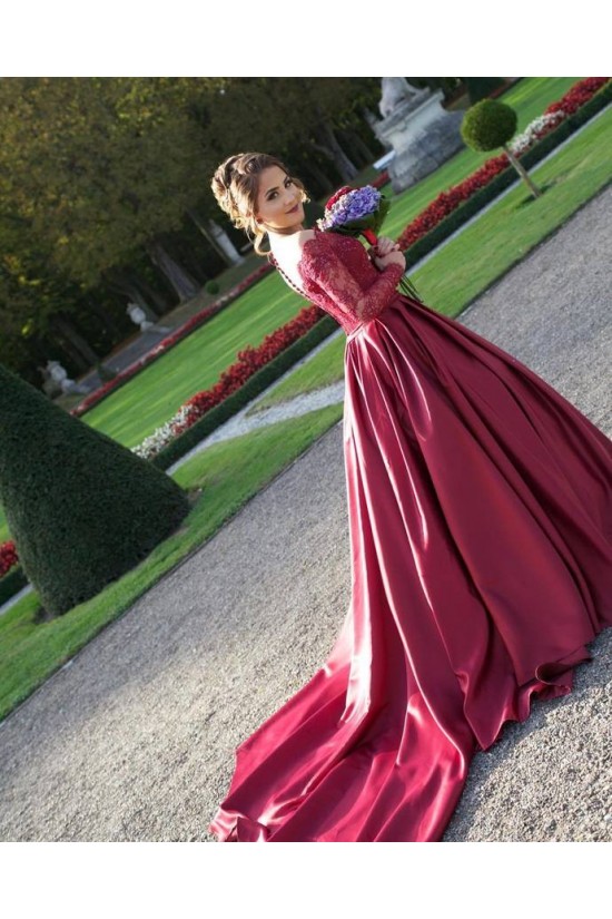 Ball Gown Long Red Long Sleeves Lace Off-the-Shoulder Prom Formal Evening Party Dresses 3020956