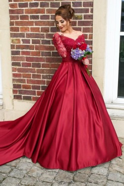 Ball Gown Long Red Long Sleeves Lace Off-the-Shoulder Prom Formal Evening Party Dresses 3020956