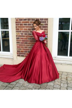 Ball Gown Long Red Long Sleeves Lace Off-the-Shoulder Prom Formal Evening Party Dresses 3020956