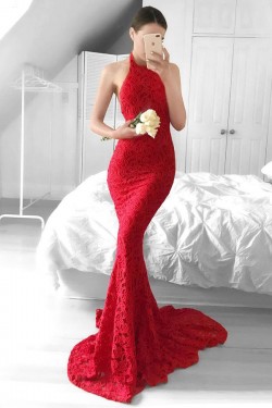 Mermaid Halter Long Red Backless Lace Prom Formal Evening Party Dresses 3020959