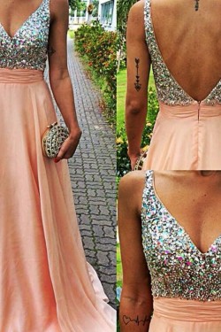 A-Line Beaded V-Neck Chiffon Prom Formal Evening Party Dresses 3020966