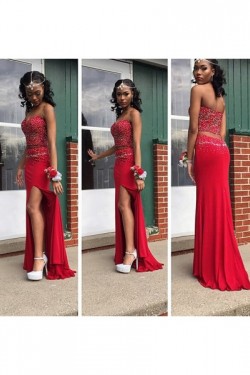 Beaded Two Pieces Long Red Chiffon Prom Formal Evening Party Dresses 3020969