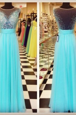 A-Line Beaded Long Blue Chiffon Prom Formal Evening Party Dresses 3020971