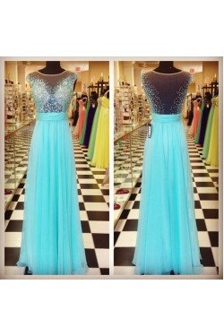 A-Line Beaded Long Blue Chiffon Prom Formal Evening Party Dresses 3020971