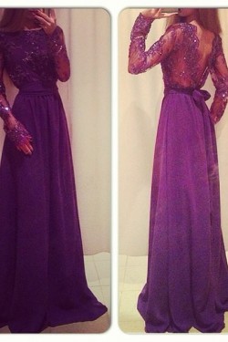 Long Sleeves Beaded Lace Chiffon Prom Formal Evening Party Dresses 3020972