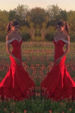Mermaid Beaded Long Red Off-the-Shoulder Prom Formal Evening Party Dresses 3020982