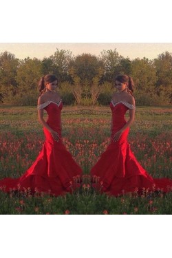 Mermaid Beaded Long Red Off-the-Shoulder Prom Formal Evening Party Dresses 3020982