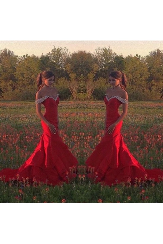 Mermaid Beaded Long Red Off-the-Shoulder Prom Formal Evening Party Dresses 3020982