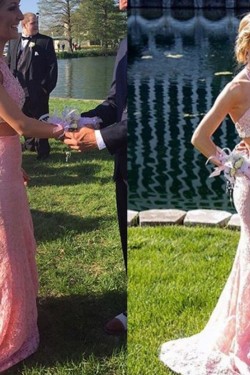 Beaded Long Pink Two Pieces Lace Halter Prom Formal Evening Party Dresses 3020983