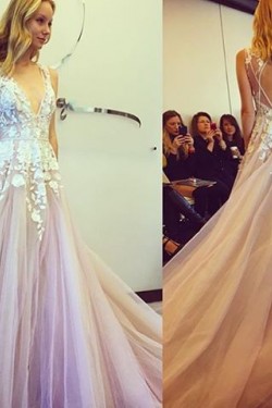 A-Line V-Neck Lace Long Prom Formal Evening Party Dresses 3020986