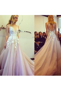 A-Line V-Neck Lace Long Prom Formal Evening Party Dresses 3020986