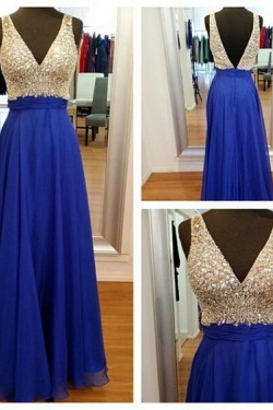 A-Line V-Neck Long Blue Beaded Prom Formal Evening Party Dresses 3020988